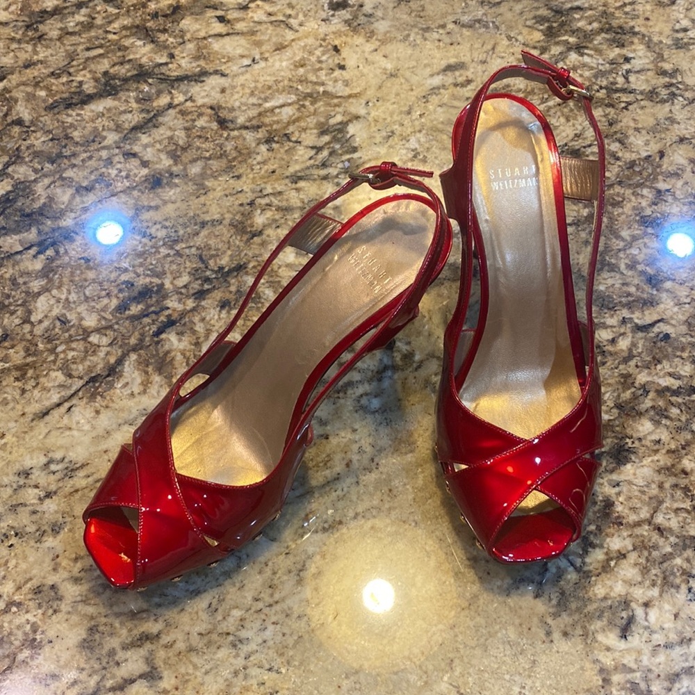 Stuart Weitzman Red Platform Sling Backs, Size 10 - image 1